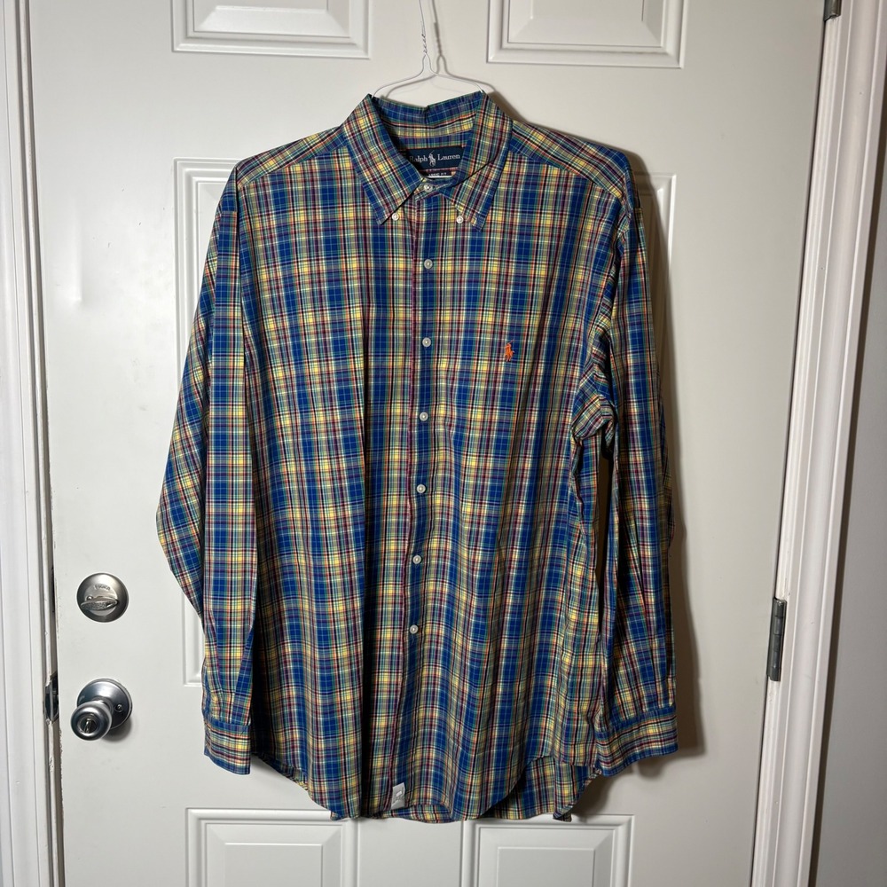 Ralph Lauren Classic Fit Plaid Button Down Shirt Mens 16.5 L Blue Yellow Multi